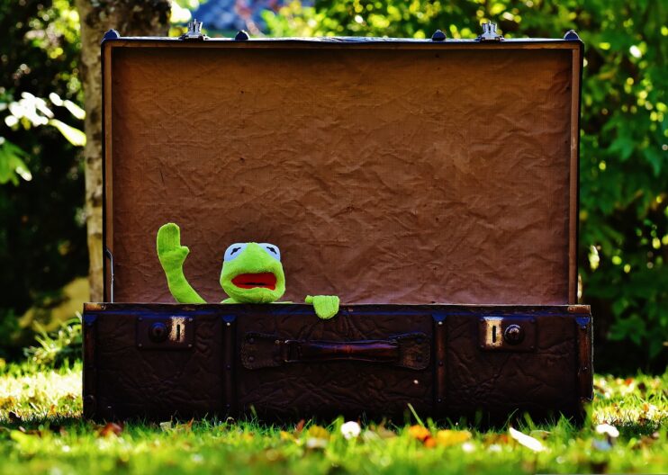 Kermit de Kikker zit in een oude geopende koffer en neemt afscheid