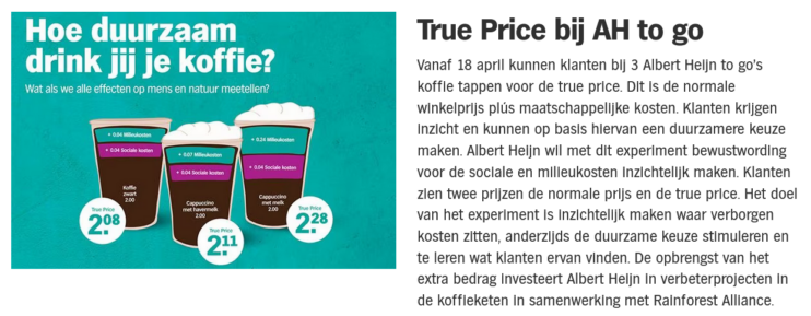 Screenshot van de Albert Heijn-website met uitleg over de True Price-campagne met de vraag Hoe duurzaam drink jij je koffie?