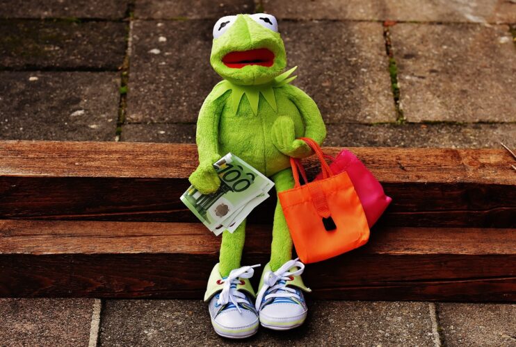 Kermit heeft briefjes van honderd euro in zijn ene hand en tassen in de andere hand, is gaan winkelen, in een neoliberale wereld draait het om geld verdienen en uitgeven