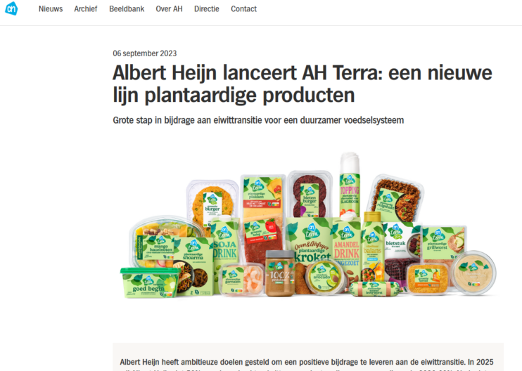 Screenshot van de Albert Heijn-website over de lancering van AH Terra, een nieuwe lijn plantaardige producten