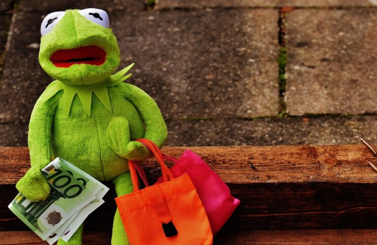 Stop de Spullencyclus, afbeelding van een verdrietige Kermit met twee tassen in zijn hand en 200 euro