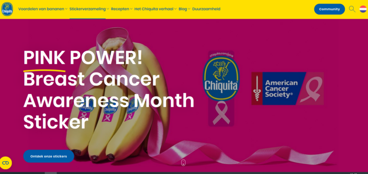 Screenshot van de Chiquita website met informatie over de campagne PINK POWER Breast Cancer Awareness Month sticker tegen borstkanker