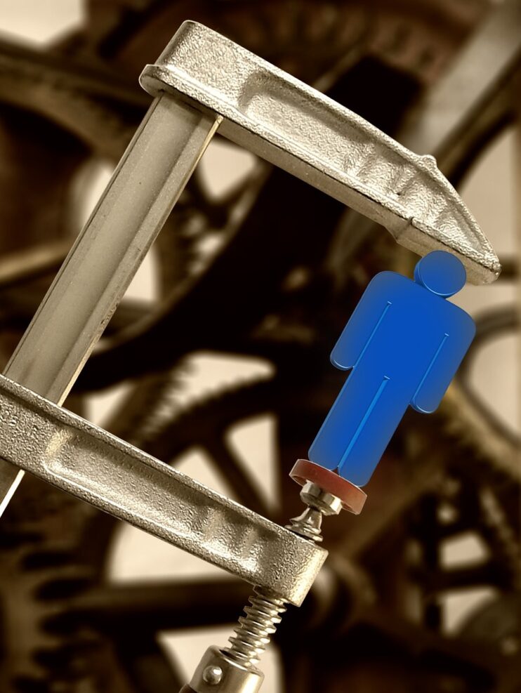 Een blauw figuurtje zit geklemd in een lijmschroef, het uitknijpen van werknemers