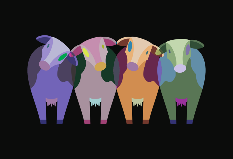 Vier getekende koeien op een rij in felle kleuren