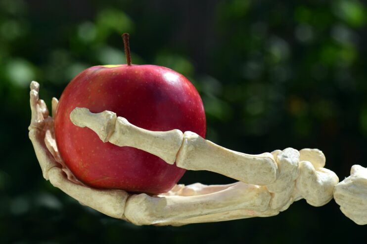 Pesticiden op groente en fruit, een hand van een skelet heeft een rode appel vast - Afbeelding Leopictures via Pixabay